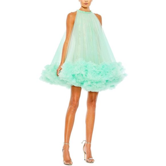 Mac Duggal Womens  High Neck Gathered Tulle Swing Dress - Picture 1 of 3